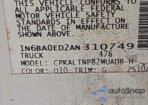 2010 Nissan Titan Se из США, поврежденный, VIN 1N6BA0ED2AN310749